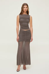 Ruched Mesh Maxi Skirt