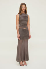 Ruched Mesh Maxi Skirt