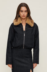 Faux Fur Collar Denim Aviator Jacket