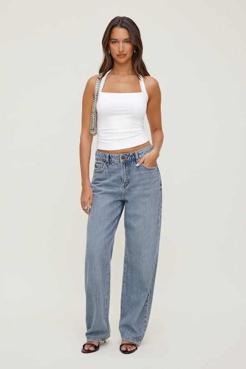 Mika Rhinestone Mid Rise Relaxed Straight Leg Jeans