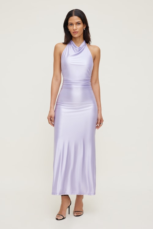 Stretch Satin Halter Maxi Dress