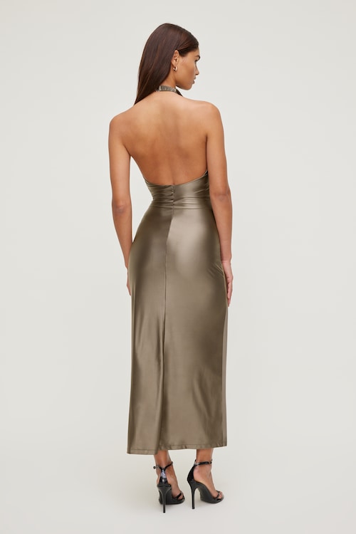 Stretch Satin Halter Maxi Dress