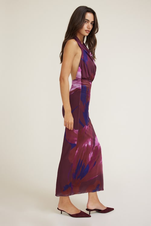Halter Cowl Neck Mesh Maxi Dress