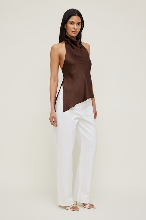 Asymmetric Satin Halter Blouse