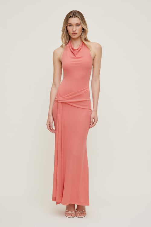Scarlet Draped Mesh Maxi Dress