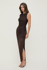 Sheer Shirred Mesh Maxi Dress