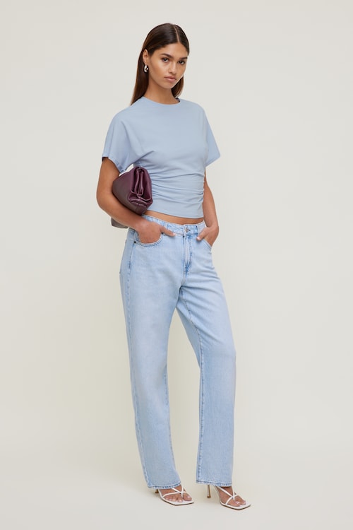 Mika Rhinestone Mid Rise Relaxed Straight Leg Jeans
