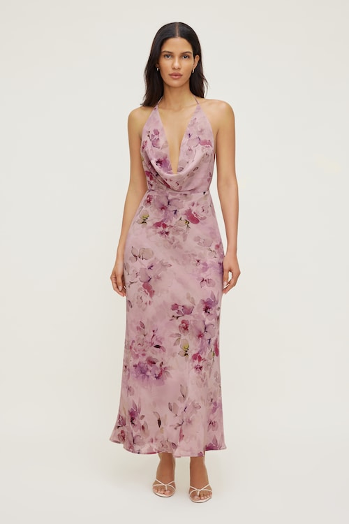 Floral Plunge Cowl Neck Maxi Dress