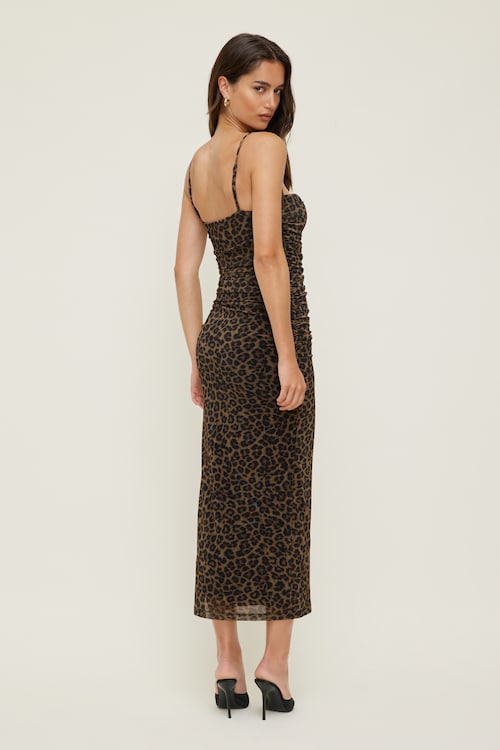 Ruched Mesh Midi Dress