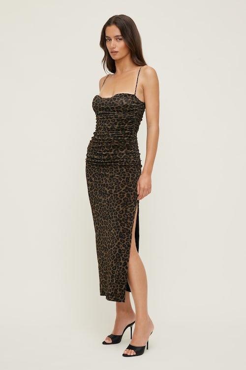Ruched Mesh Midi Dress